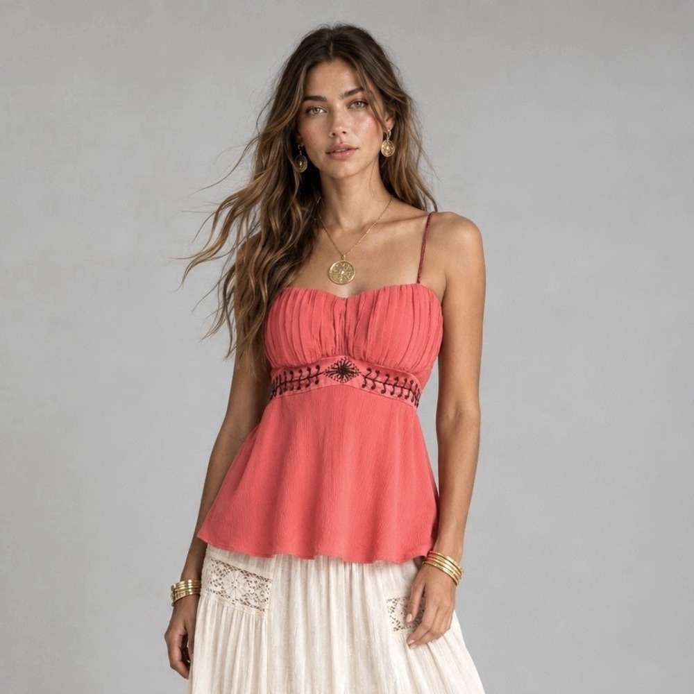 Vintage Y2K Arden B Babydoll Top L Coral Pink Beaded Silk Fairycore Cami Tank